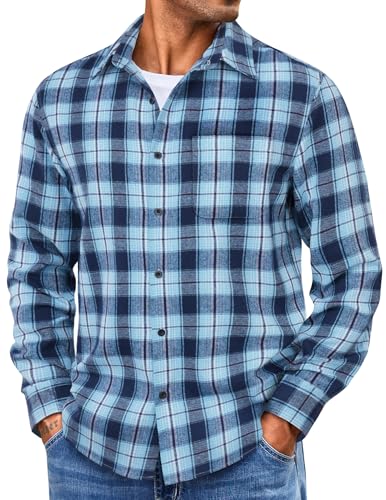 COOFANDY Mens Flannel Shirts Long Sleeve Lightweight Plaid Shirt Casual Button Down Shirts with Pocket Blue