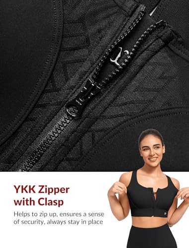 Image of Yvette High Impact Front Closure Sports Bras for Women Plus Size Racerback Running Sports Bra with Hollow-Out Design,Jet Black,M+
