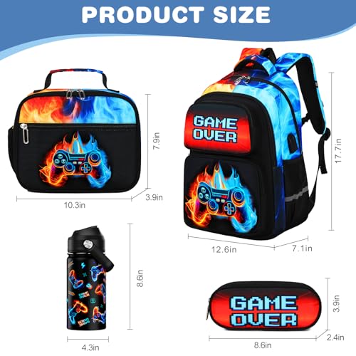 Bevalsa Kids Backpack for Boys with 14oz Insulated Bottle, School Bags for Kids & BPA-FREE Stainless Steel Metal Bottle with Straw Lid for Elementary Middle School Student (Flame)2