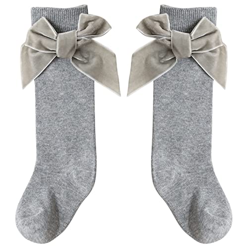 JEATHA Toddler Cute Knee High Baby Socks Kids Girls Velvet Bow Pom Poms Decor Tube Stockings