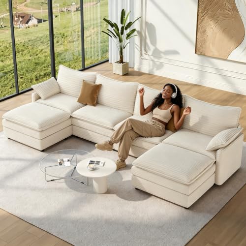 Image of Vesgantti 142 inch U Shaped Sectional Modular Couch, Comfy Cloud Sofa, Beige | Deep Seat Cloud Sectional Sofa with 2 Ottomans, Modern Corduroy Couches for Living Room, Office, Apartment