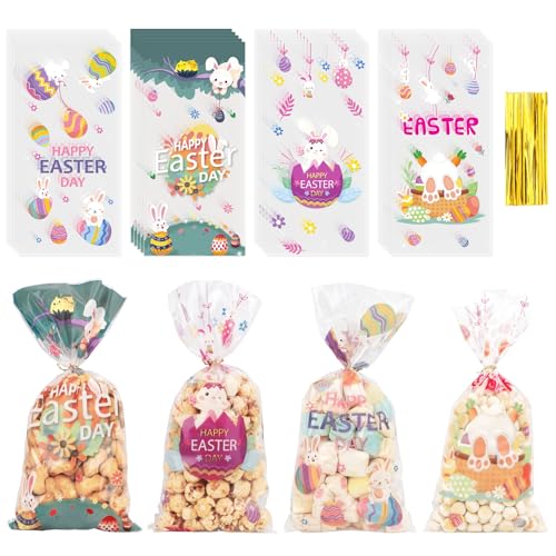QIHOMPIB 200 bolsas de celofán de Pascua de 5 x 11 pulgadas con lazos, bolsas de regalo transparentes para caramelos, galletas, fiestas, cumpleaños