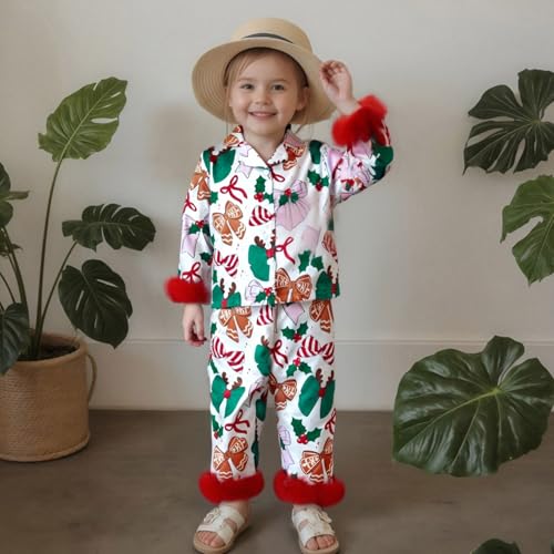 Kids Toddler Boy Girl Silk Pajamas Set Christmas Tree Santa Fuzzy Trim Long Sleeve Button Down Shirt Pants Fall Pjs Sleepwear3