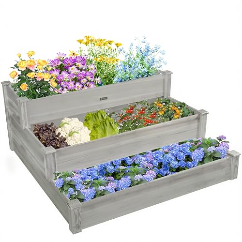 ZSYWODFO 3-Tier Raised Garden Bed with Fabric Liner, Wood Elevated Planter Box with Dovetail Joint Design, 3 Dividable Bed Kit for Vegetables/Herbs/Flowers, Outdoor Gardening for Patio, Lawn, Balcony