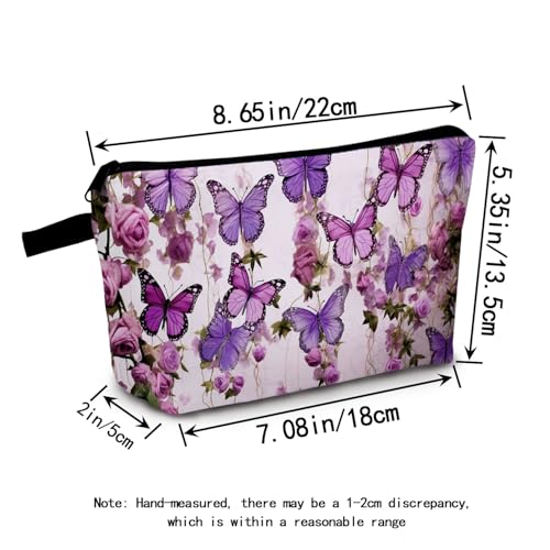 Purple Butterflies Roses Print Cosmetic Bag Elegant Holiday & Birthday Gift Idea Travel Makeup Organizer with Zipper Stylish Toiletry Pouch for Women2
