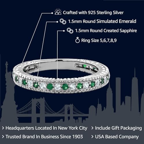 Gem Stone King Green Simulated Emerald and White Created Sapphire Ring | 925 Sterling Silver | Anniversary Wedding Band Ring For Women | 0.48 Cttw | Available In Size 5, 6, 7, 8, 92