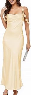 Satin Floral Off The Shoulder Midi Dresses for Women Silk Spaghetti Strap Cowl Neck Backless Bridesmaid Wedding Guest Dress