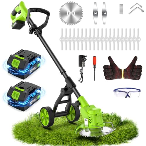 Weed Wacker Battery Powered with Wheel, Electric Weed Eater Cordless Brush Cutter String Trimmer,...