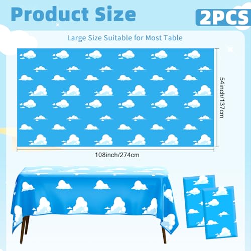 Image of Blue Sky and White Clouds Party Tablecloth, 2 PCS Cartoon Story Tablecloth, Disposable Plastic Rectangle Cartoon Table Cover for Boys Girls Baby Shower Picnic Birthday Party Decorations, 54x108 Inch
