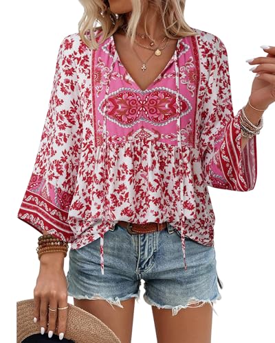 Unixseque Summer Boho Womens Tops Floral Print Dressy Casual V-Neck Tie Front Trendy Fall 3/4 Sleeve Blouses2