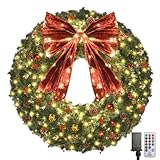 Large Wreaths for Front Door, 48inch Extra Large Outdoor Christmas Wreath with Lights 300 Led 720 PVC Tips Artificial Christmas Wreath Xmas Wreath Christmas with Bow Bells Pine Cones Berry Clusters