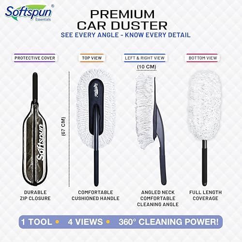Image of SOFTSPUN Essentials Car Duster - White, Long-Handle Lint-Free & Scratch-Free Car Cleaner Brush with SiO2 Wax Infused Cotton Strands for Enhanced Dust Removal (Exterior Car Cleaning Tool)