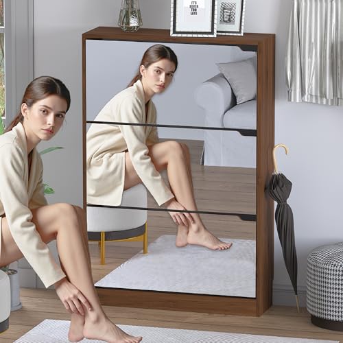 Image of BORNOON Shoe Cabinet with 3-Flip Mirror Drawers, Freestanding Shoe Rack Organizer with Hidden Handle, Slim Narrow Shoe Storage Cabinet for Entryway, Entrance, Hallway, Bedroom