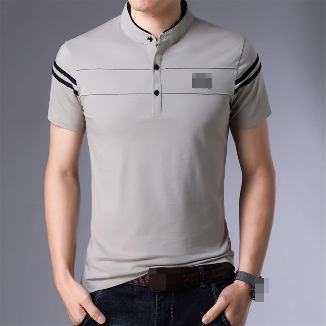 Disimlarl Maglietta da uomo con colletto alla coreana a righe con lettera a maniche corte in cotone estivo Business Casual Top, blu navy, XL