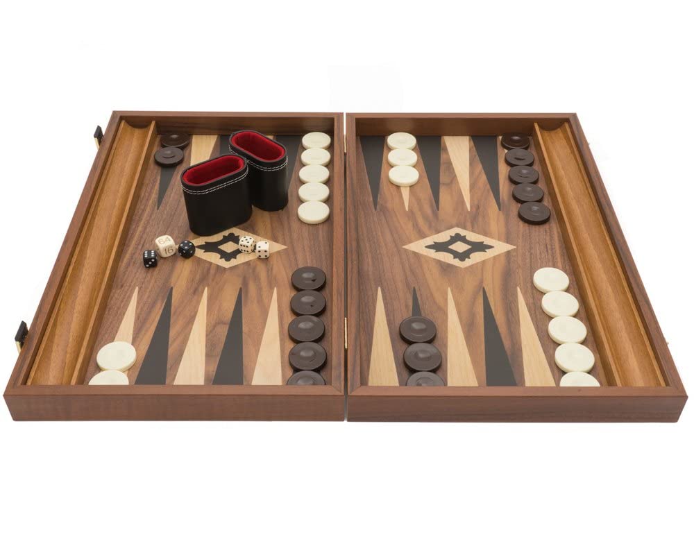 The Manopoulos - Set da backgammon grande, in legno di noce, nero e quercia, con coppe deluxe in vinile