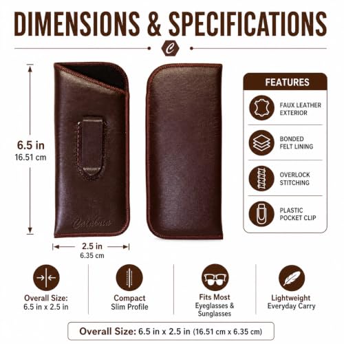 Image of Calabria Slip-In Eye Glasses Case w /Plastic Pocket Clip Faux Leather Felt Brown Men Women Eyeglass Pouch Sunglasses Holder - 12PACK