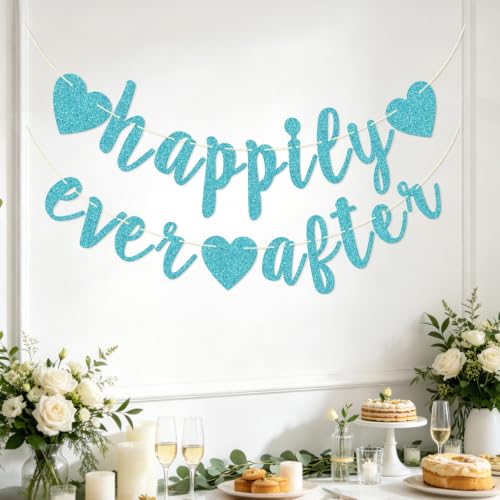 Image of Happily Ever After Glitter Bunting Banner, Engagement, Bridal Shower, Wedding Party Photo Booth Props Signs,Pre-Strung Cursive Bunting (Blue)