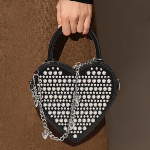 Image of TRBSXRT Heart Satchel Crossbody Purse for Women - Rivets Embellished Shoulder Bag, Leather Heart Shaped Handbag (Black)