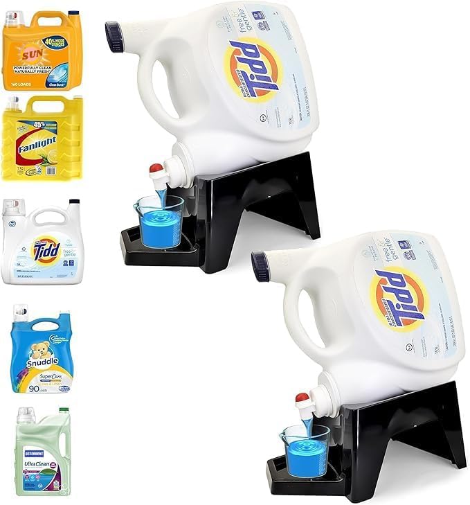 Image of Liquid Laundry Detergent Holder Stand with Drip Tray - 2 Pack - Black | Easy Pouring, Rubber Feet, Angled Stand, Fabric Softener Dispenser for Laundry Room Organization & Storage