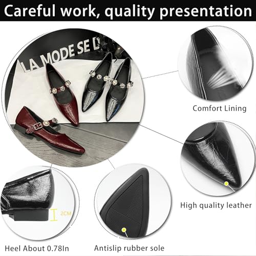 Women's Leather Pointed Toe Mary Jane Flats Fashion Pearl Rhinestone Ankle Strap Dress Ballet Flats for Office Party Walking Formal3