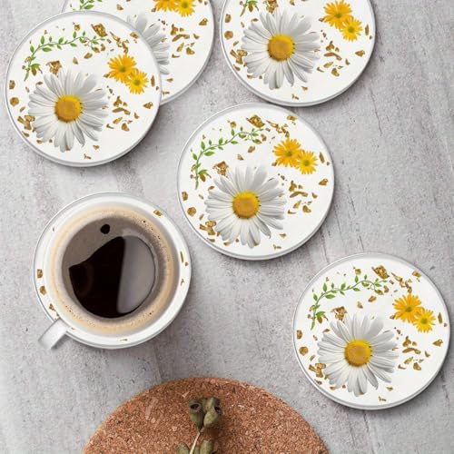 Image of 6pcs Daisy Design Wooden Coasters, 4inch Round Hand-Washable Coasters, Suitable Home Decoration, Easter, Valentine's Day, Mother's Day, Coffee Table
