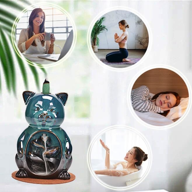 Cute Cat Animal Waterfall Backflow Incense Holder for Sticks,Ceramic Incense Burner with Mat,Tweezers for Home Aromatherapy Ornament Decor AI016