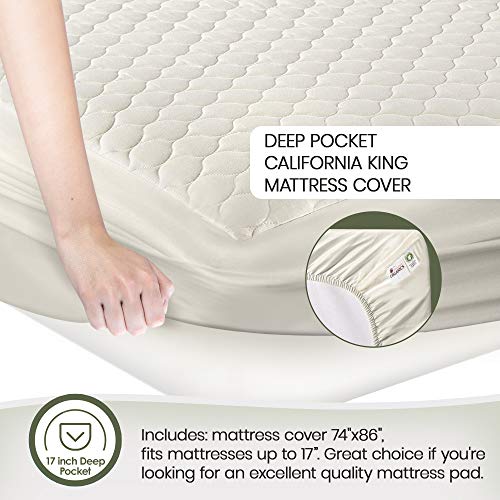 Whisper Organics, 100% Organic Cotton Mattress Protector - Breathable Cooling Quilted Fitted Mattress Pad Cover, Gots Certified- Ivory Color, 17" Deep Pocket (Cal King Bed Size) #TOP3