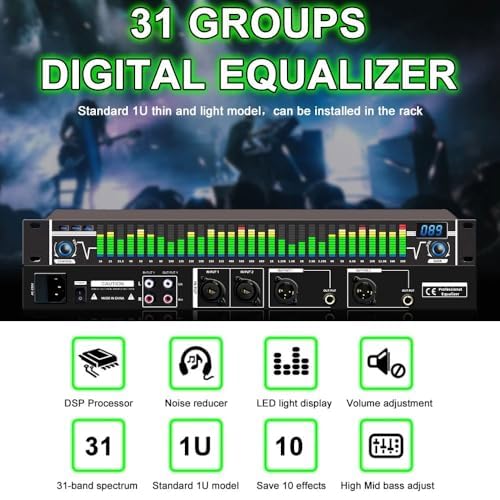 Ecualizador gráfico estéreo profesional de 31 bandas con 10 efectos preestablecidos, ajuste independiente de graves/medios/altos para estudio de grabación y sistemas de sonido