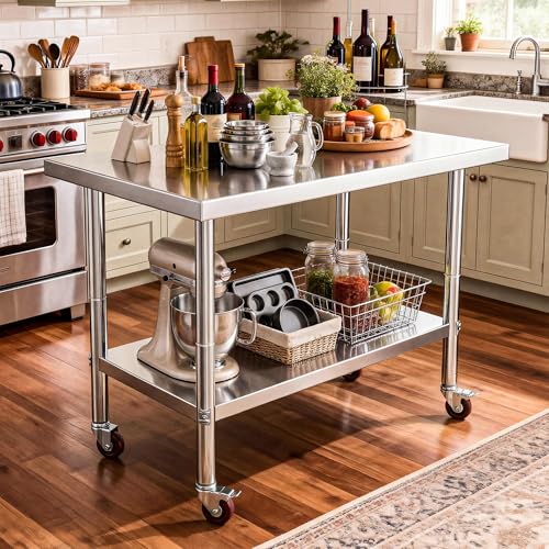 Image of DWVO 30x24in Stainless Steel Table with Adjustable Shelf & Wheels | NSF Metal Prep Worktable for Kitchen Restaurant Hotel Garage Warehouse Home Commercial