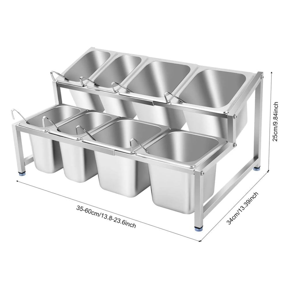 Rozkładana półka na przyprawy, Stal nierdzewna Pochylony organizer na przyprawy z 4 1/9 miską, 4 1/6 miską i 8 chochlami do przypraw do bufetów kuchennych i restauracyjnych
