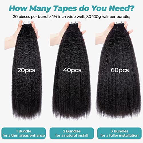 Lvnatu Kinky Straight Tape In Hair Extensions Real Human Hair Light Yaki For African American Hair Skin Weft Invisible Reusable 1B Natural Black Glue In 40 Pieces 100G 18 Inch #TOP2