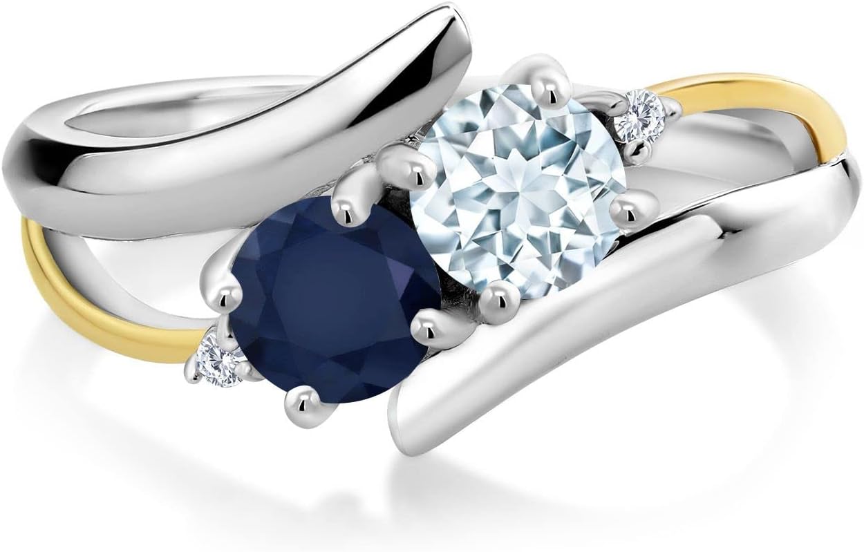 Gem Stone King 1.12 Cttw Sky Blue Aquamarine and Blue Sapphire Ring for Women | 925 Silver and 10K Yellow Gold | Gemstone Birthstone | Round 5MM | Available In Size 5, 6, 7, 8, 9