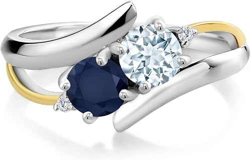 Miniatura 2 de Anillo cruzado de 2 piedras de plata esterlina 925 y oro amarillo de 10 quilates, azul aguamarina, zafiro azul aguamarina y diamante blanco