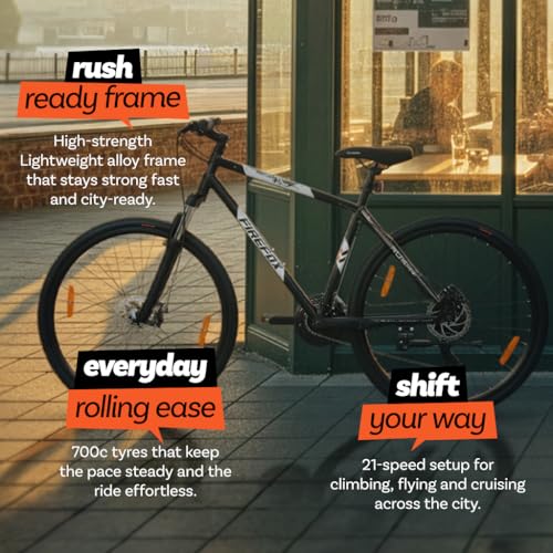 Image of FIREFOX Rush+ 700C 21 Speed Hybrid Bicycle for Adult | Black | Front Suspension | Disc Brake | Alloy Frame: 19.5 Inches | Ideal Rider Height:5.2 & Above | 98% Pre-Assembled | Ideal for Mens
