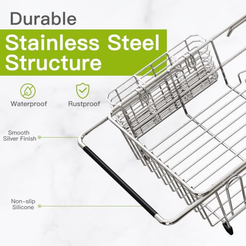 Image of JASIWAY Stainless Steel Dish Drying Rack in Sink with Metal Utensil Holder