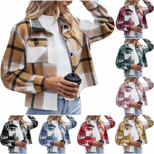 Flannel Shirt Women Cropped Shacket Jacket Fashion Plaid Button Down Shirt 2025 Fall Coat Tops