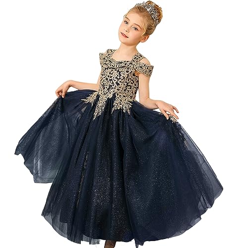 Formal Girls Tulle Long Pageant Dresses Prom Ball Gown Gold Lace Beaded