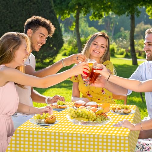 Image of 12Pack Yellow and White Plastic Checkered Tablecloth, Premium Decorative Disposable Yellow Gingham Plaid Table Cloths for Parties, Rectangle Party Table Cover for Picnic Birthday Wedding, 54x108 Inch