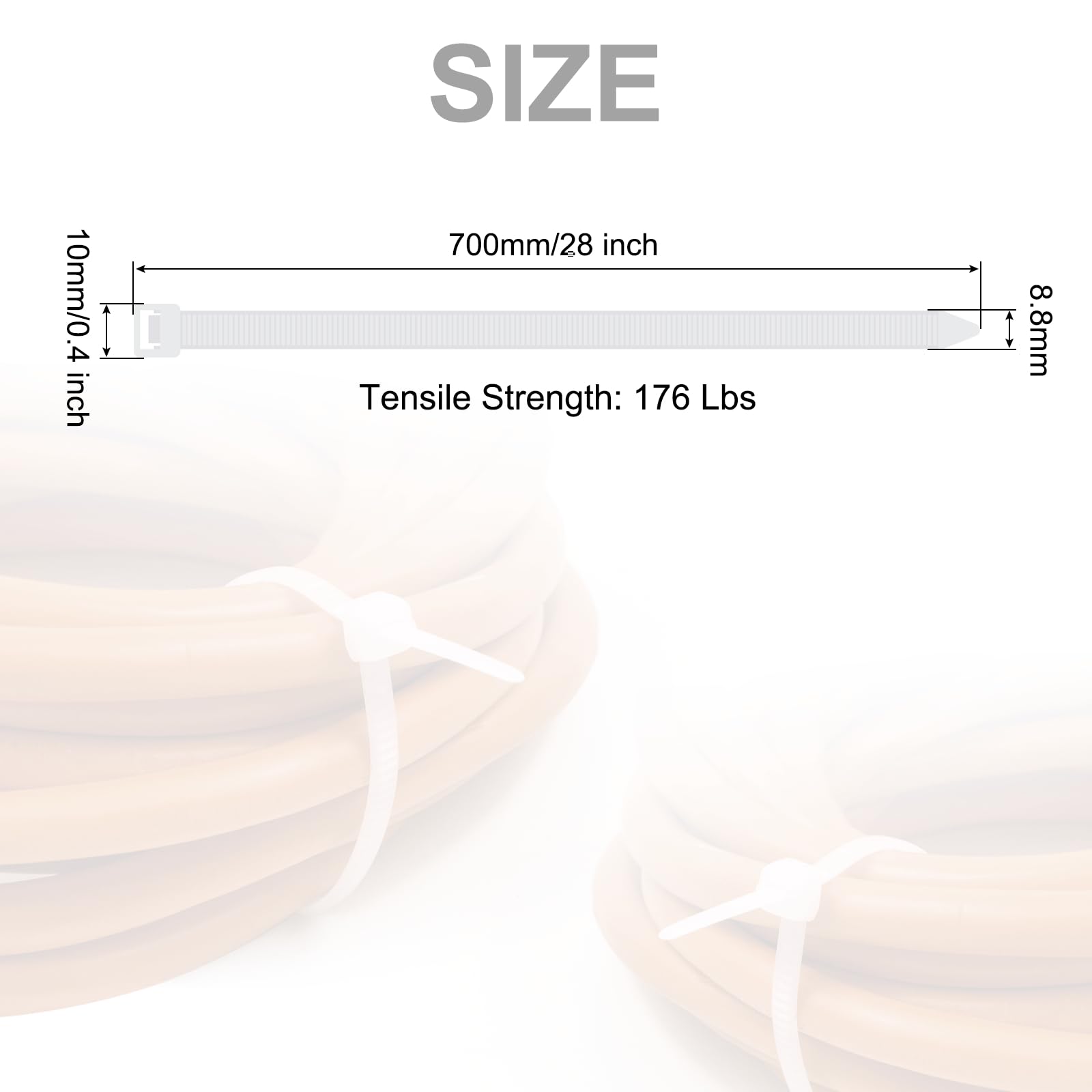 QUARKZMAN 100 Pezzi di Fascette Stringicavo in Nylon Extra Lunghezza 700 Mm/28" 176 Lbs Auto-bloccatonti 10mm per Gestione Cavi, Colore Bianco