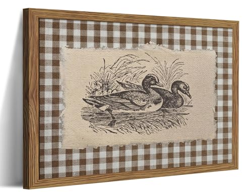 Image of Vintage Duck Framed Wall Art - Retro Farmhouse Brown Gingham Duck Poster, Rustic Cottagecore Decor Canvas Print, Vintage Wall Decor for Living Room Bedroom Office Nursery 16x24 inch