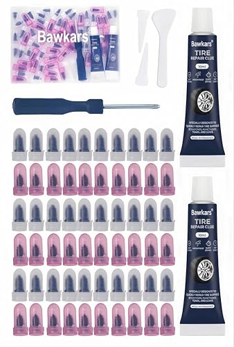 Image of 63 PCS Tire Repair Rubber Nails Kit with 2 Tubes of Black Tire Sealant Glue, Screw in Tire Plugs Set for Cars Motorcycles Trucks