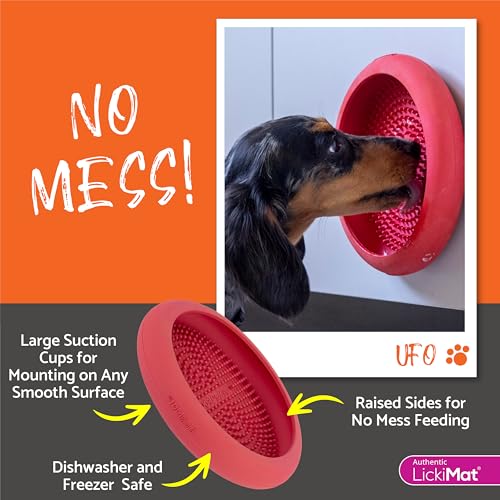 LickiMat UFO Ablenker für Baden, Duschen und Fellpflege, Naturkautschuk, großer Schnuller, Lecknoppen, weiche und laufende Leckereien, einzigartiges Futter- und Dribbelfänger-Design, langsamer