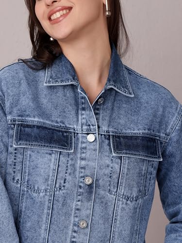 Image of Miss Chase Women's Polo Neck Full Sleeves Patch Pocket Denim Overcoat Knee-Length Jacket