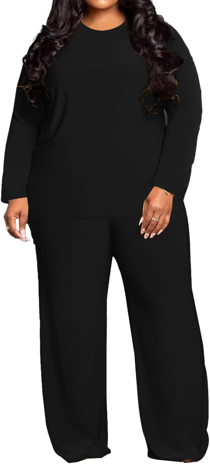 TOPSRANI Womens Plus Size Lounge Set V-Neck 2 Piece Outfits Sweatsuits Tracksuit Long Sleeve Baggy Wide Leg Pant Sets