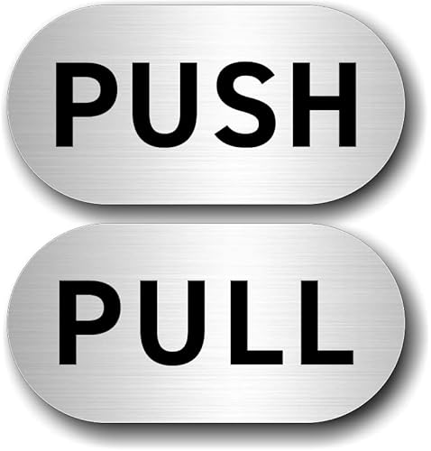 ドアプレート 【 PUSH/PULL 】 (横向き) ヘアライン シルバー (文字色:黒) 楕円 60mm×30mm×1.5mm アクリル2層板 UV対策品 レーザー彫刻 粘着テープ付き おしゃれ スタイリッシュ シンプル 押す 引く サインプレート 扉