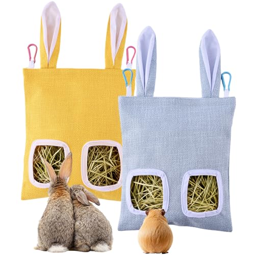 2 Pack Rabbit Guinea Pig Hay Feeder, Cute Bunny Hay Bag, Hanging Hay Holder for Guinea Pig Cage, Hay Feeder for Rabbits Chinchillas Hamsters Small Pets and Animals (Yellow & Blue) - image 7