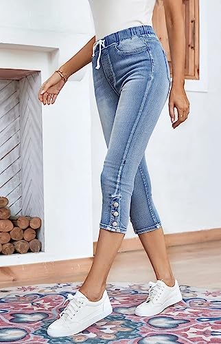 Conshvi Women's Drawstring Elastic Waist Slim Fit Pull On Capri Jeans Casual Stretch High Waisted Distressed Capris Pants4