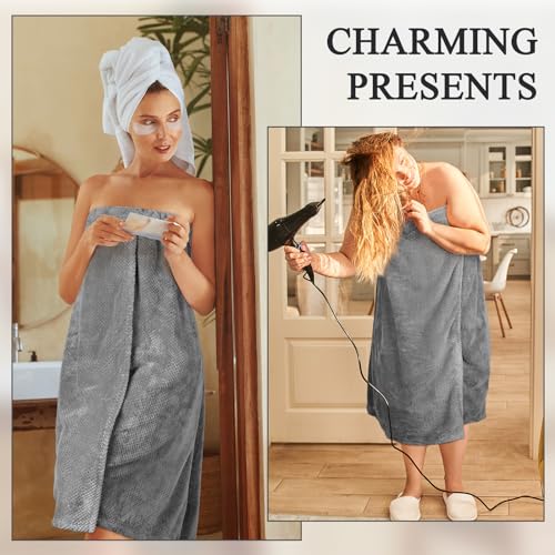 Image of 4 Pcs Towel Wrap for Women Waffle Spa Robe with Adjustable Closure Elastic Top Lightweight Wraps for Bath Shower