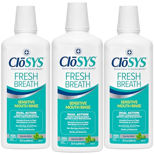 Image of CloSYS Mouthwash, 32 Ounce, Fresh Breath Mouthwash, 3 Pack, Gentle Mint | Alcohol Free, Dye Free, pH Balanced Mouth Wash, Helps Soothe Entire Mouth, Fights Bad Breath