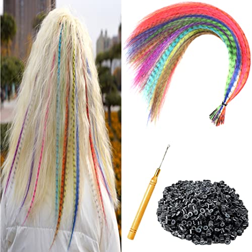 XIAO TAO ZI 12pcs Lot 17   Synthetic Feather Hair Extensions Hair Pieces +100 pcs Silicone Micro Beads+1 pcs Crochet Hook Hair Feathers Tool Kit (17  , 12 Pieces)